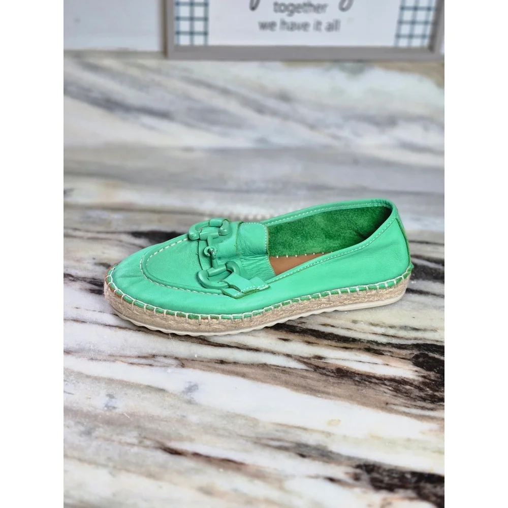 42 Gold Alberta Green Leather Espadrille Loafers Horsebit Detail 37 EU Womens